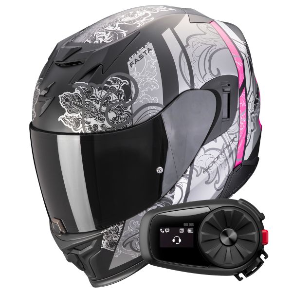 Full Face Scorpion Exo 520 Evo Air Fasta Matt Black Silver Pink + Kit Bluetooth 5S Solo