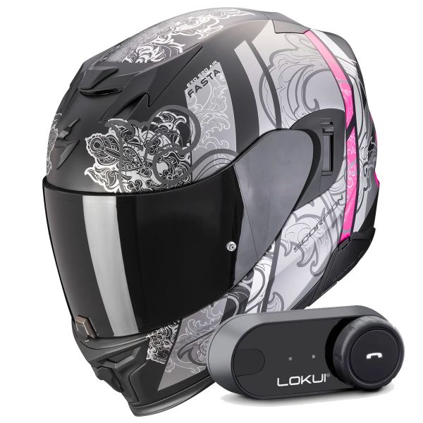 Full Face Scorpion Exo 520 Evo Air Fasta Matt Black Silver Pink + Kit Bluetooth Lokui K30