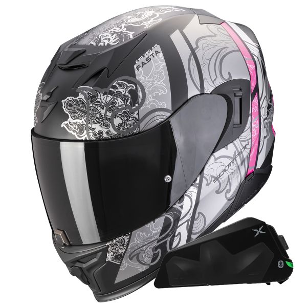 Full Face Scorpion Exo 520 Evo Air Fasta Matt Silver Pink + Kit bluetooth Exo-Com Link-1C