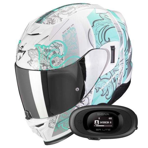 Full Face Scorpion Exo 520 Evo Air Fasta White Light Blue + Kit bluetooth 5R Lite