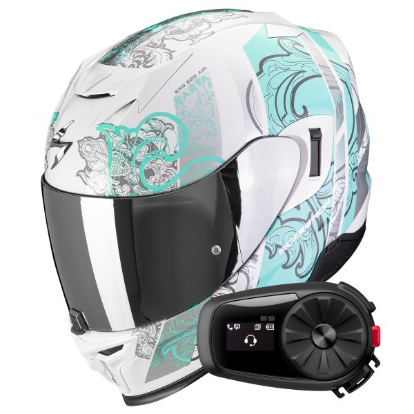 Full Face Scorpion Exo 520 Evo Air Fasta White Light Blue + Kit Bluetooth 5S Solo