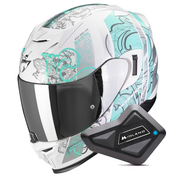 Full Face Scorpion Exo 520 Evo Air Fasta White Light Blue + Kit Bluetooth BT Mini