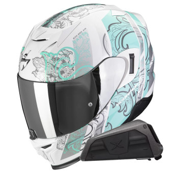 Casque Full Face Scorpion Exo 520 Evo Air Fasta White Light Blue + Kit bluetooth Exo-Com Link-1 Casque Full Face Scorpion Exo 520 Evo Air Fasta White Light Blue + Kit bluetooth Exo-Com Link-1