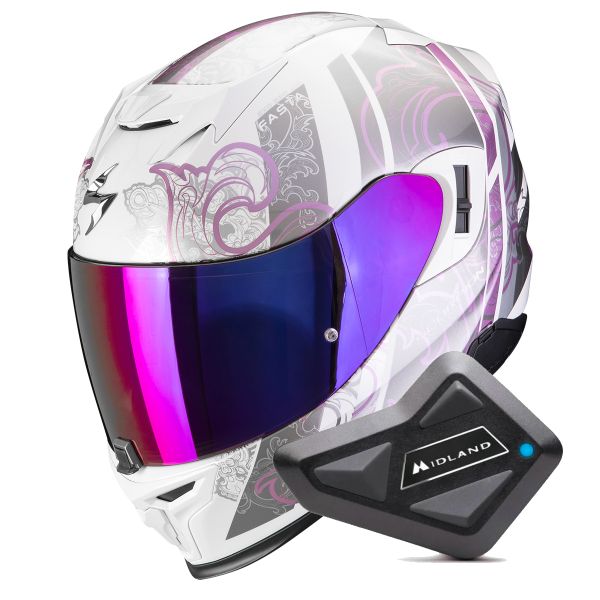 Full Face Scorpion Exo 520 Evo Air Fasta White Purple + Kit Bluetooth BT Mini