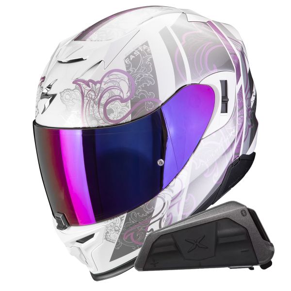 Full Face Scorpion Exo 520 Evo Air Fasta White Purple + Kit bluetooth Exo-Com Link-1
