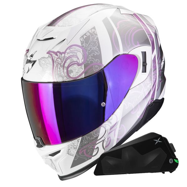 Full Face Scorpion Exo 520 Evo Air Fasta White Purple + Kit bluetooth Exo-Com Link-1C