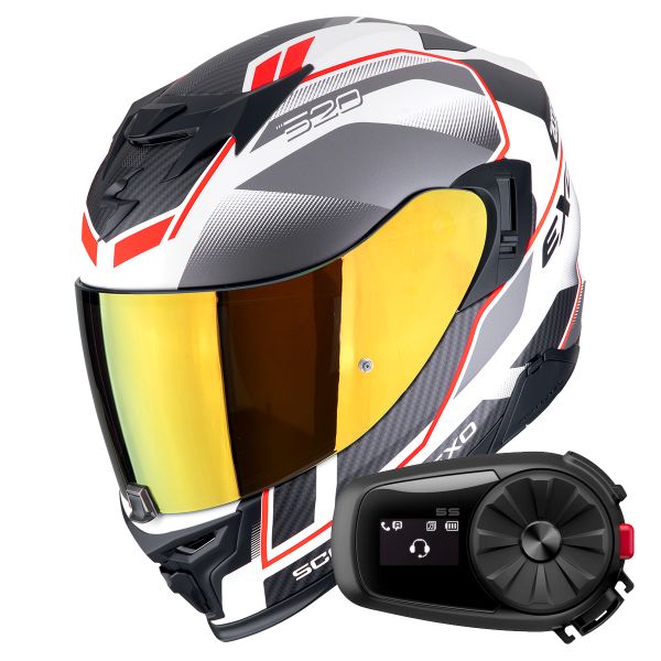 Full Face Scorpion Exo 520 Evo Air Lena Matt White Silver Red + Kit Bluetooth 5S Solo