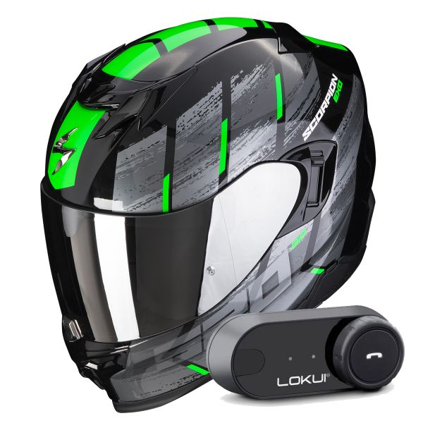 Full Face Scorpion Exo 520 Evo Air Maha Black Green + Kit Bluetooth Lokui K30