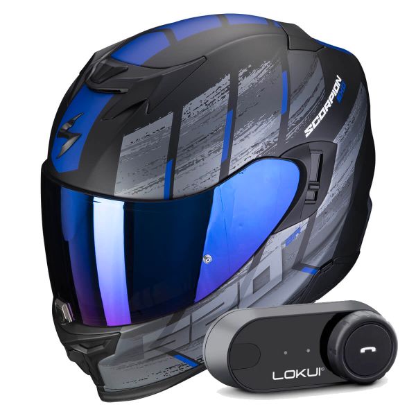 Full Face Scorpion Exo 520 Evo Air Maha Matt Black Blue + Kit Bluetooth Lokui K30