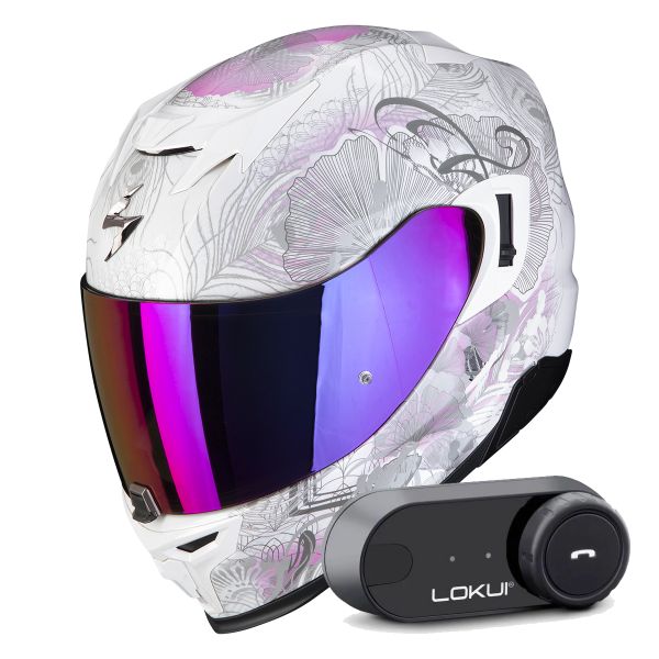 Full Face Scorpion Exo 520 Evo Air Melrose Pearl White Pink + Kit Bluetooth Lokui K30