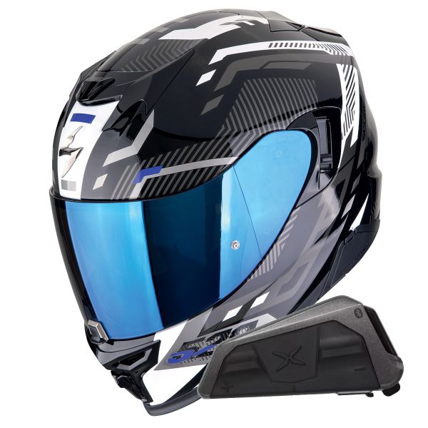 Full Face Scorpion Exo 520 Evo Air Ranka Black White Blue + Kit bluetooth Exo-Com Link-1
