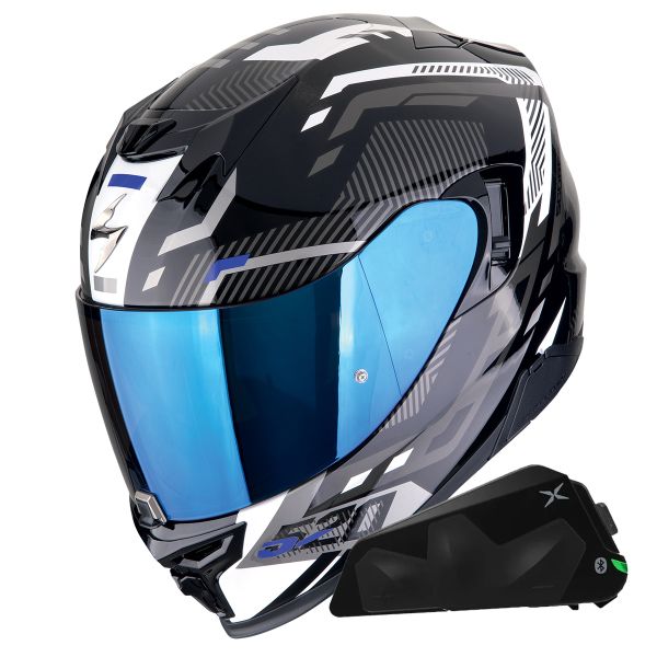 Full Face Scorpion Exo 520 Evo Air Ranka Black White Blue + Kit bluetooth Exo-Com Link-1C