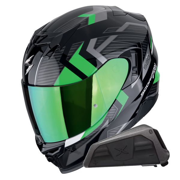 Full Face Scorpion Exo 520 Evo Air Sensus Black Green + Kit bluetooth Exo-Com Link-1