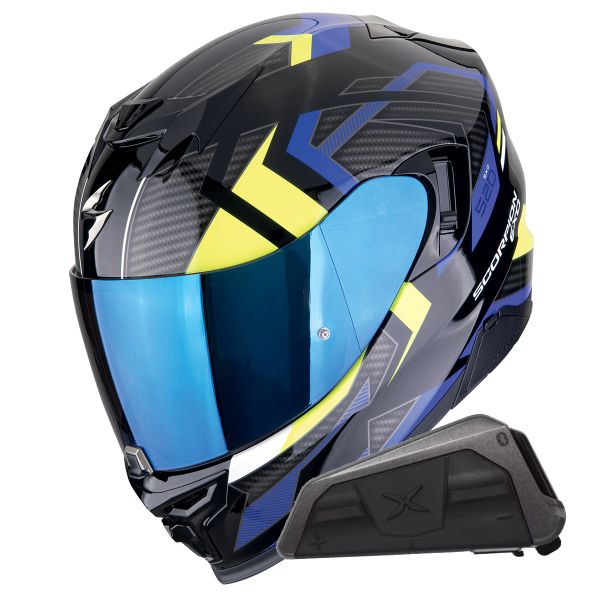 Full Face Scorpion Exo 520 Evo Air Sensus Blue Yellow Fluo + Kit bluetooth Exo-Com Link-1