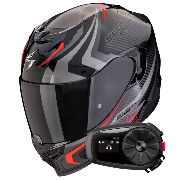 Full Face Scorpion Exo 520 Evo Air Terra Black Silver Red + Kit Bluetooth 5S Solo