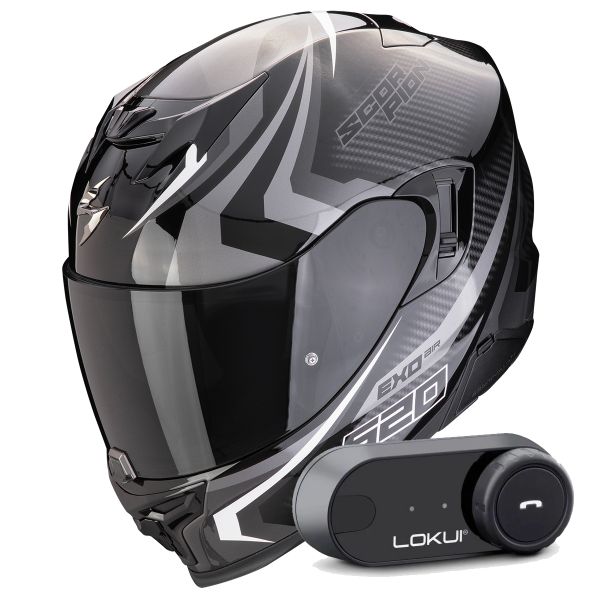 Full Face Scorpion Exo 520 Evo Air Terra Black Silver White + Kit Bluetooth Lokui K30