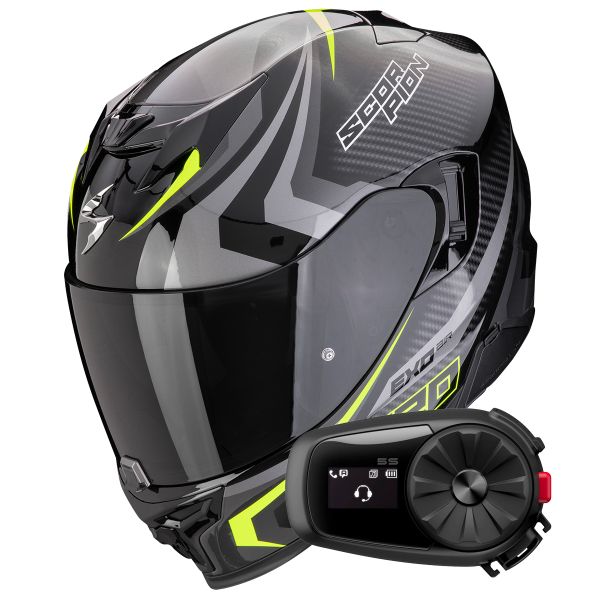 Full Face Scorpion Exo 520 Evo Air Terra Black Silver Yellow Fluo + Kit Bluetooth 5S Solo