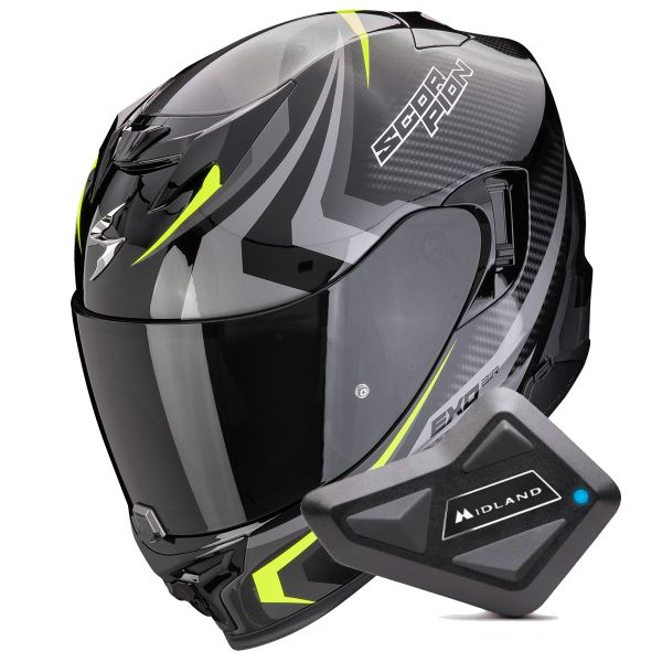 Full Face Scorpion Exo 520 Evo Air Terra Black Silver Yellow Fluo + Kit Bluetooth BT Mini