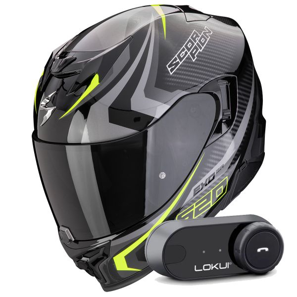 Full Face Scorpion Exo 520 Evo Air Terra Black Silver Yellow Fluo + Kit Bluetooth Lokui K30