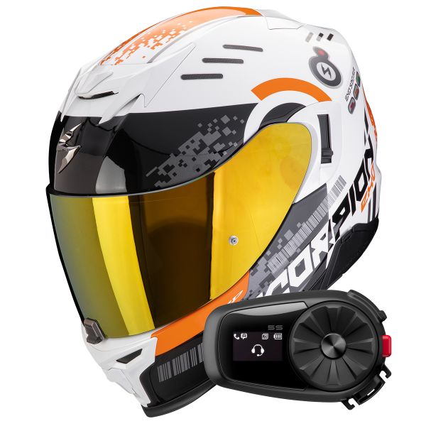 Full Face Scorpion Exo 520 Evo Air Titan White Orange + Kit Bluetooth 5S Solo