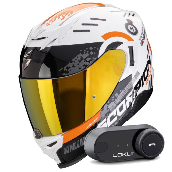 Full Face Scorpion Exo 520 Evo Air Titan White Orange + Kit Bluetooth Lokui K30
