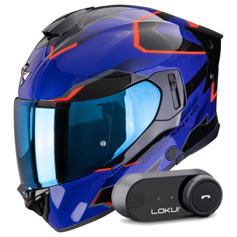 Full Face Scorpion Exo 530 Air Clip Blue Black Red + Kit Bluetooth Lokui K30