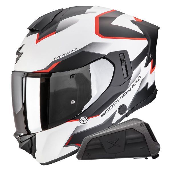 Full Face Scorpion Exo 530 Air Clip Matt White Black Red + Kit bluetooth Exo-Com Link-1