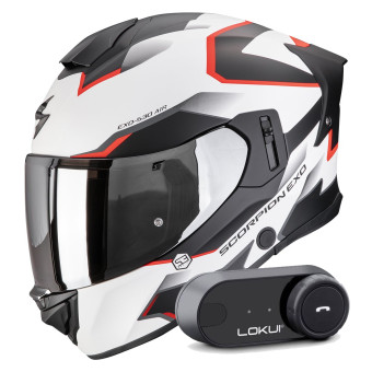 Full Face Scorpion Exo 530 Air Clip Matt White Black Red + Kit Bluetooth Lokui K30