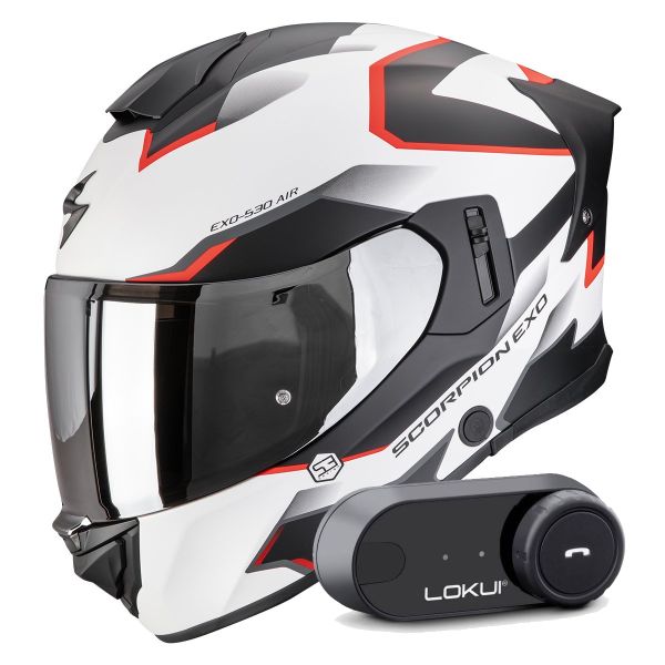 Full Face Scorpion Exo 530 Air Clip Matt White Black Red + Kit Bluetooth Lokui K30