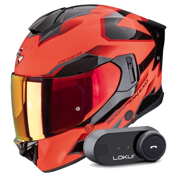 Full Face Scorpion Exo 530 Air Clip Red Black + Kit Bluetooth Lokui K30