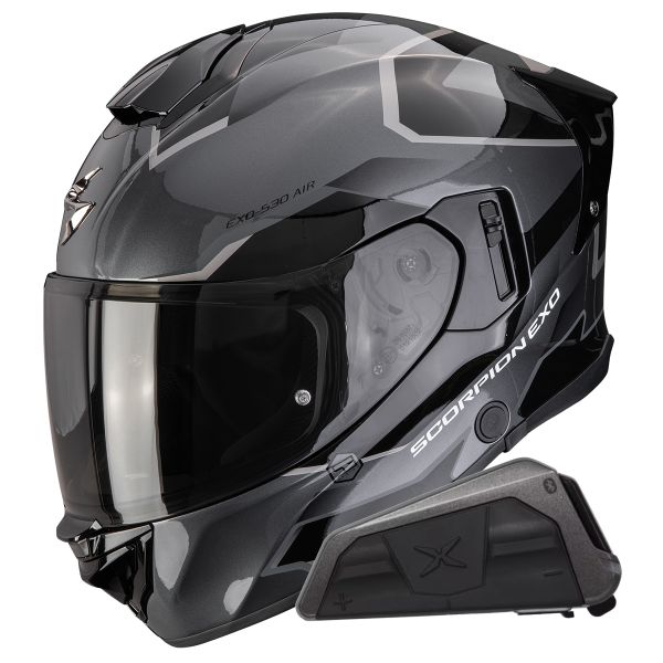 Full Face Scorpion Exo 530 Air Clip Silver Black + Kit bluetooth Exo-Com Link-1