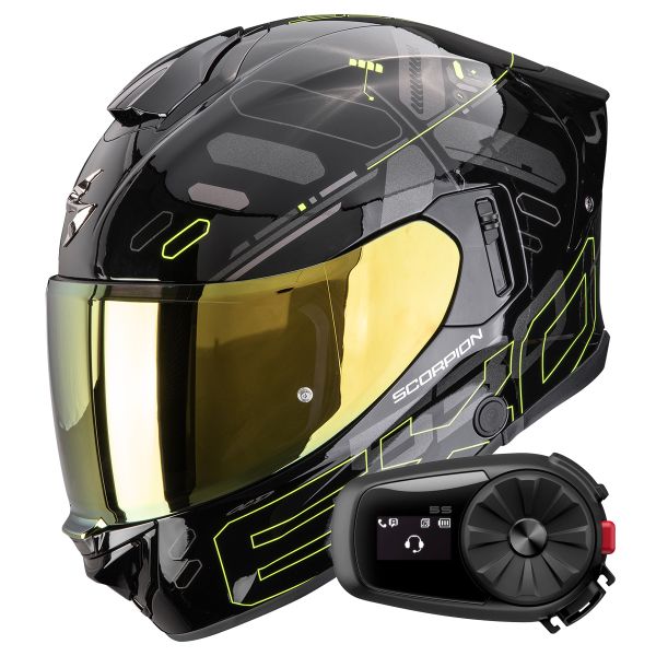 Full Face Scorpion Exo 530 Air Fond Black Neon Yellow + Kit Bluetooth 5S Solo