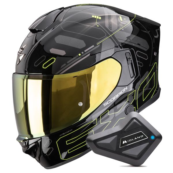 Full Face Scorpion Exo 530 Air Fond Black Neon Yellow + Kit Bluetooth BT Mini