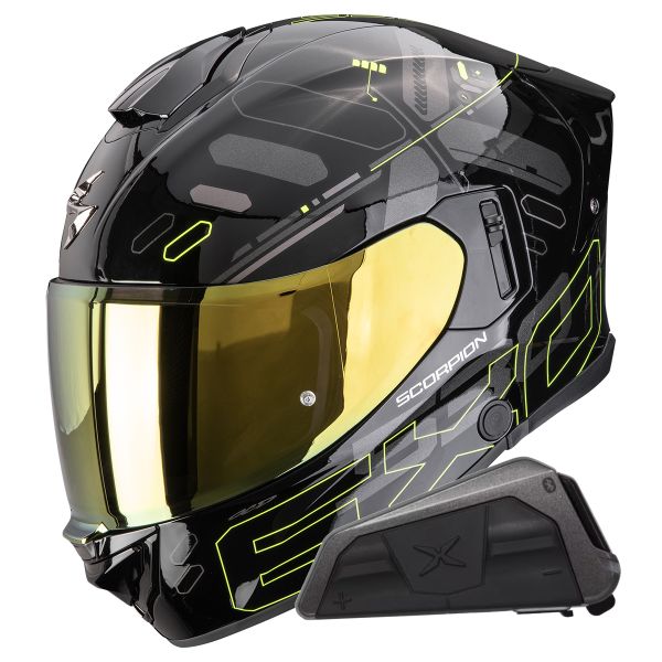 Full Face Scorpion Exo 530 Air Fond Black Neon Yellow + Kit bluetooth Exo-Com Link-1