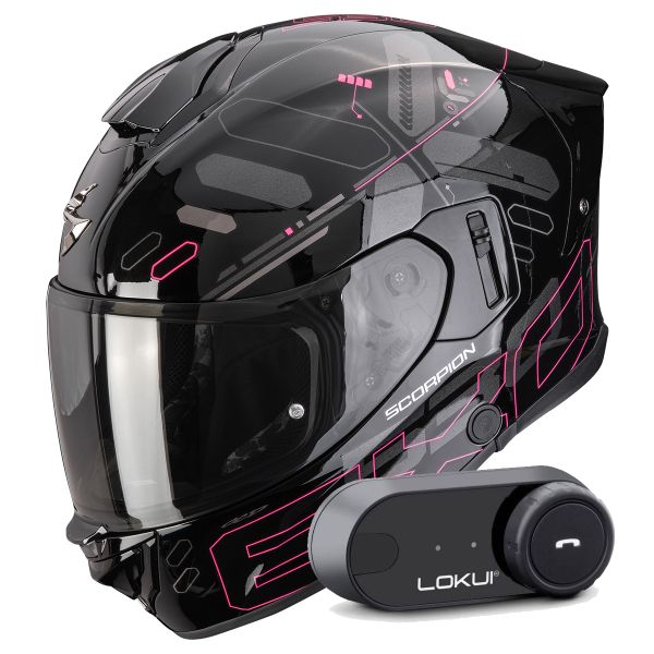 Full Face Scorpion Exo 530 Air Fond Black Pink + Kit Bluetooth Lokui K30
