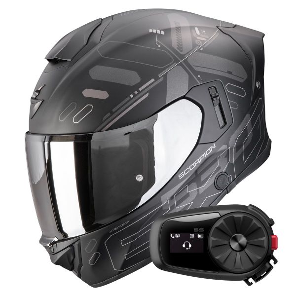 Full Face Scorpion Exo 530 Air Fond Matt Black Silver + Kit Bluetooth 5S Solo