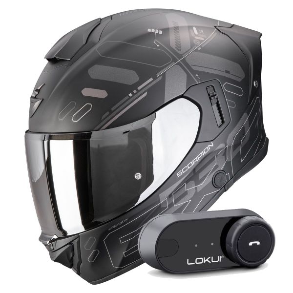 Full Face Scorpion Exo 530 Air Fond Matt Black Silver + Kit Bluetooth Lokui K30