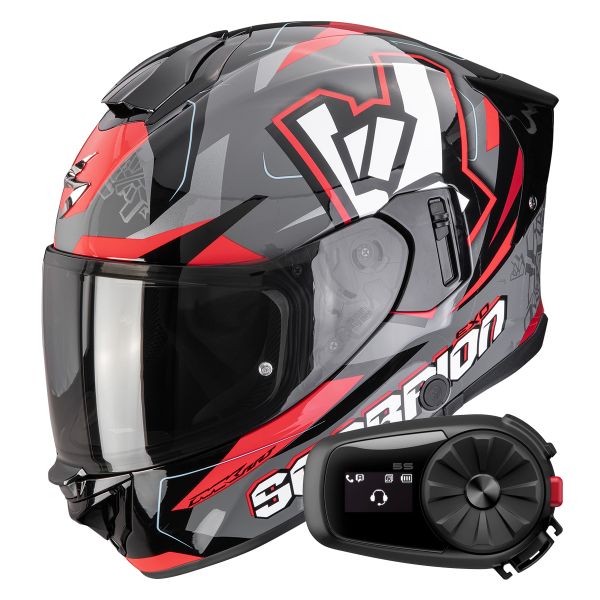Full Face Scorpion Exo 530 Air Rok Grey Black Red + Kit Bluetooth 5S Solo
