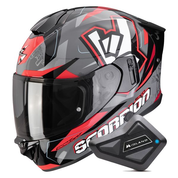 Full Face Scorpion Exo 530 Air Rok Grey Black Red + Kit Bluetooth BT Mini