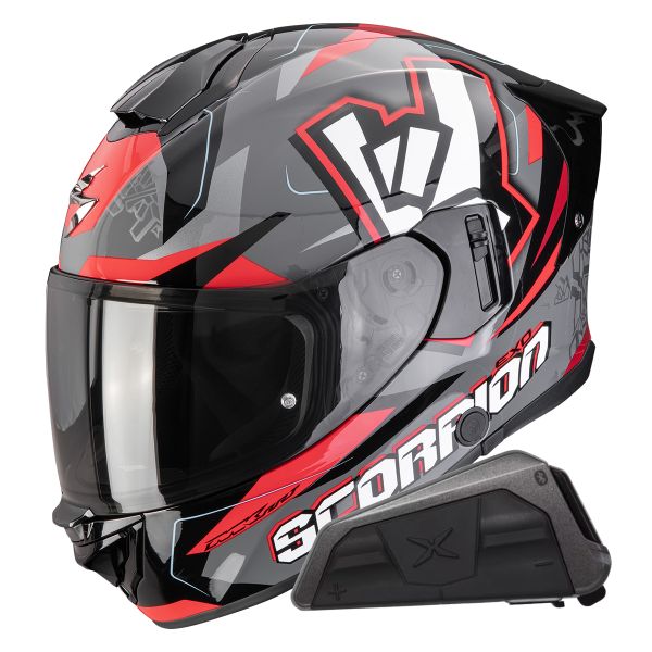 Full Face Scorpion Exo 530 Air Rok Grey Black Red + Kit bluetooth Exo-Com Link-1