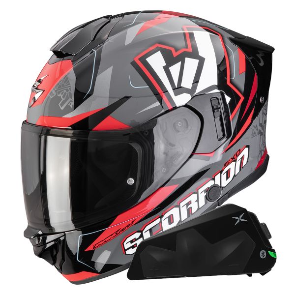 Full Face Scorpion Exo 530 Air Rok Grey Black Red + Kit bluetooth Exo-Com Link-1C