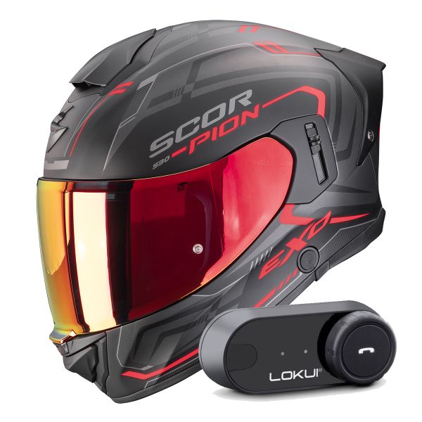 Full Face Scorpion Exo 530 Air Slope Matt Black Red + Kit Bluetooth Lokui K30