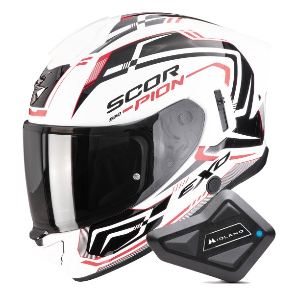 Full Face Scorpion Exo 530 Air Slope White Black Red + Kit Bluetooth BT Mini