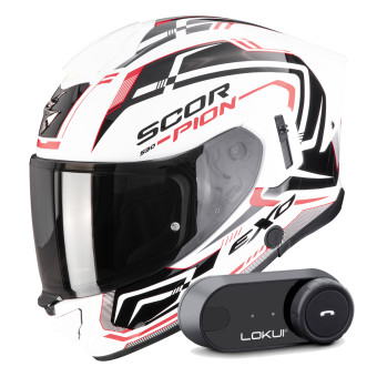 Full Face Scorpion Exo 530 Air Slope White Black Red + Kit Bluetooth Lokui K30