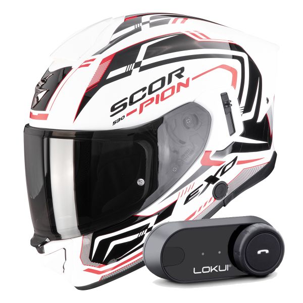 Full Face Scorpion Exo 530 Air Slope White Black Red + Kit Bluetooth Lokui K30
