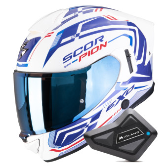 Casque Full Face Scorpion Exo 530 Air Slope White Blue Red + Kit Bluetooth BT Mini Casque Full Face Scorpion Exo 530 Air Slope White Blue Red + Kit Bluetooth BT Mini