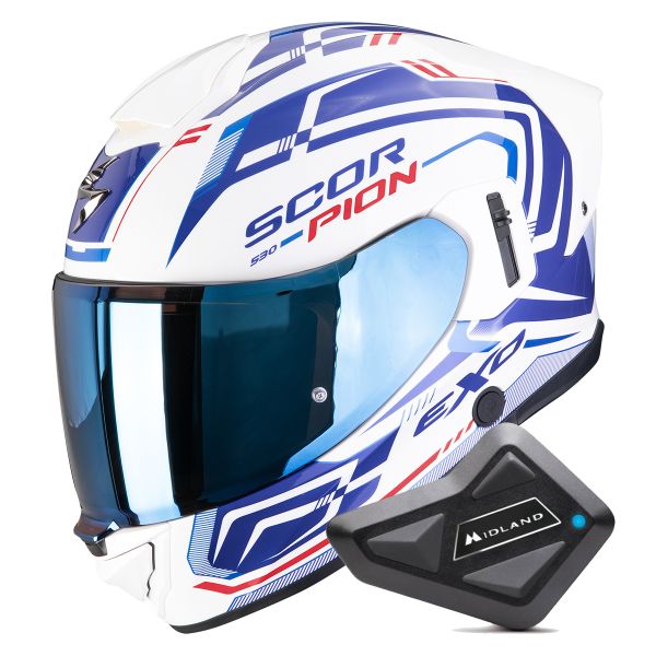 Full Face Scorpion Exo 530 Air Slope White Blue Red + Kit Bluetooth BT Mini