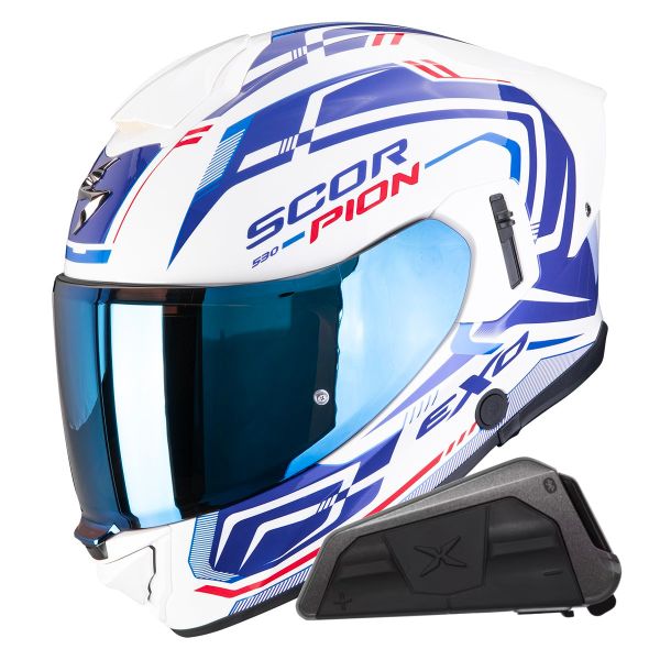 Full Face Scorpion Exo 530 Air Slope White Blue Red + Kit bluetooth Exo-Com Link-1