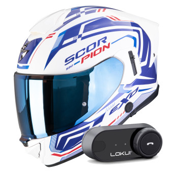 Full Face Scorpion Exo 530 Air Slope White Blue Red + Kit Bluetooth Lokui K30