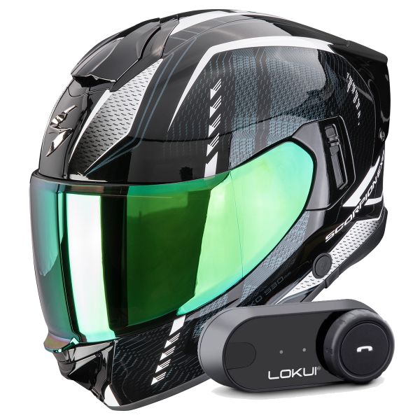 Full Face Scorpion Exo 530 Air Theras Black Chameleon White + Kit Bluetooth Lokui K30